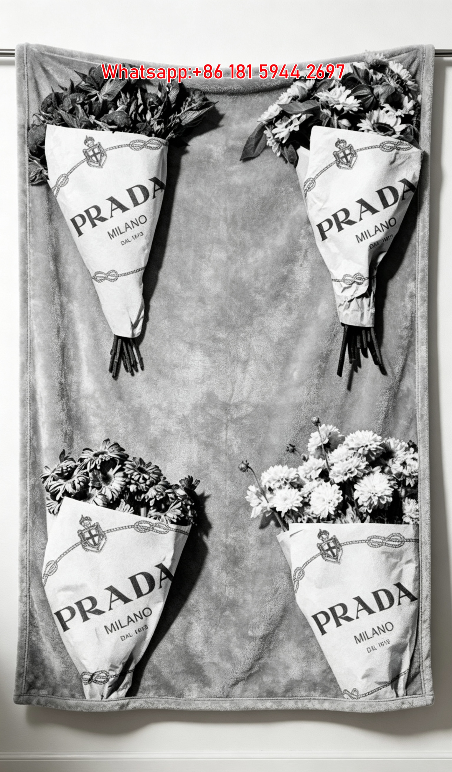Prada Black and White Floral Bouquet Print Flannel Blanket IMG_2807